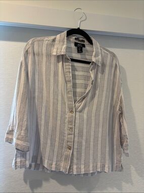 Beige and White Striped Linen Button-Up Shirt
